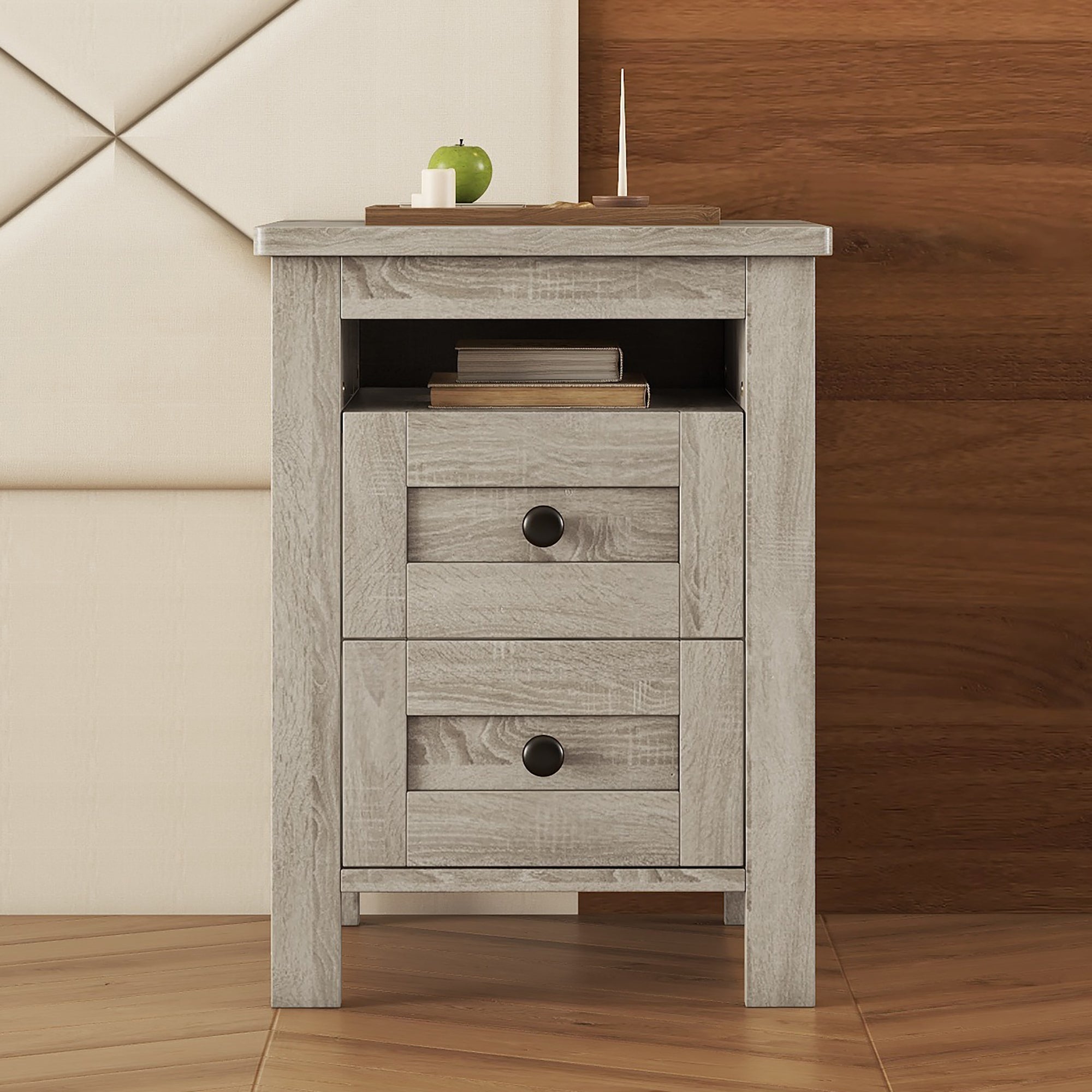 2-Drawer Farmhouse Wooden Nightstand with Storage Cabinet In Antique Gray