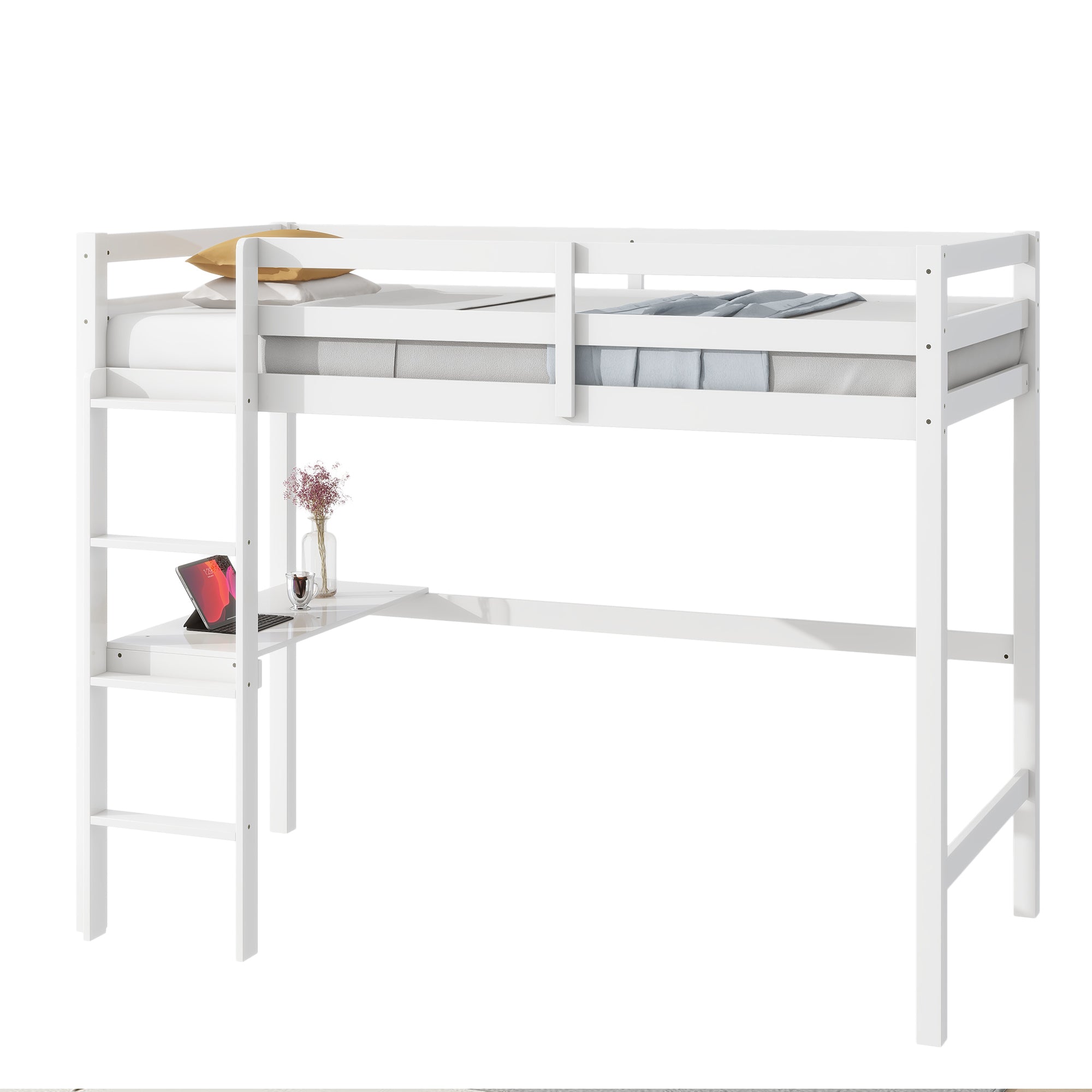 White Twin High Loft Bed For Kids with Built-in Desk in Rubber Wood Construction