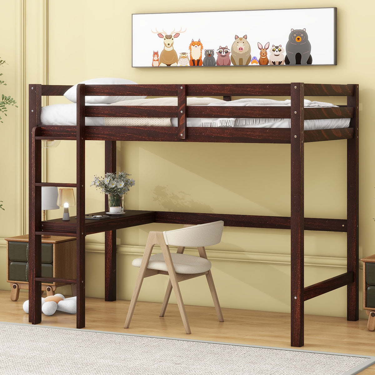 Espresso Twin Loft Bed with Built-in Desk