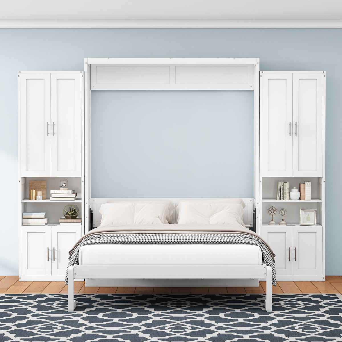 Full Murphy Bed with Two Side Cabinets in White