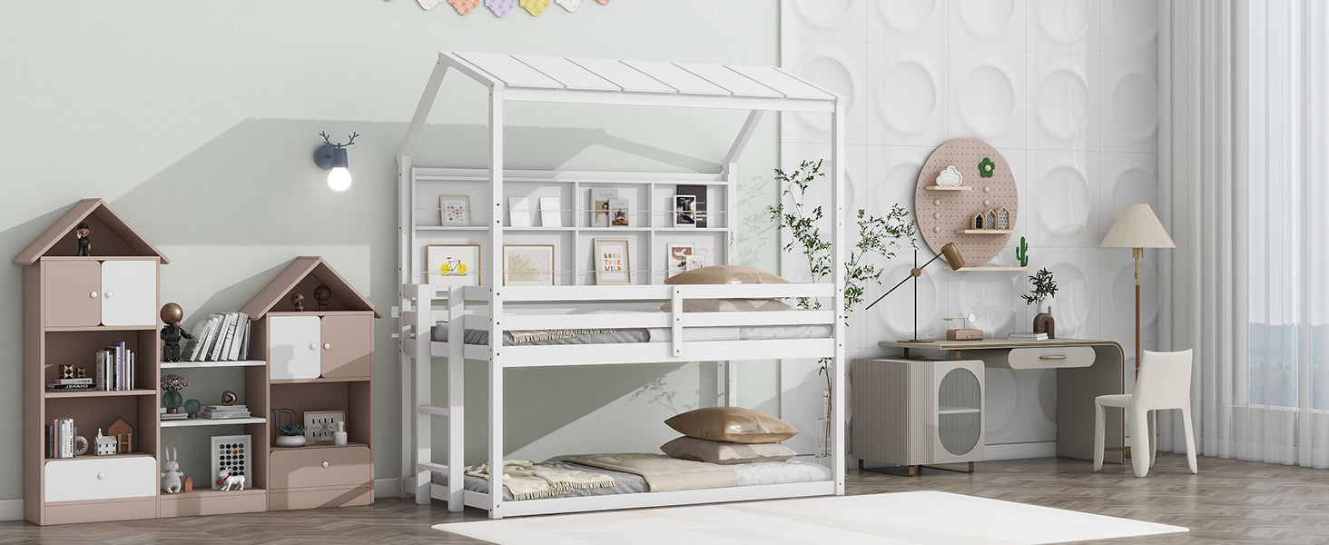 Twin House Loft Bed with Semi-Enclosed Roof and Built-in Bookshelves