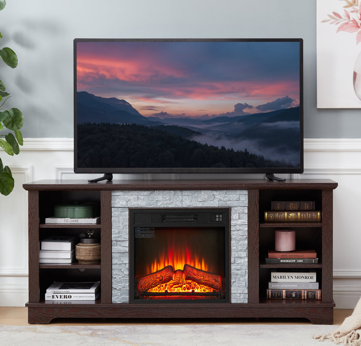 Stacked Stone TV Media Stand with Fireplace Insert Open Storage In Cherry