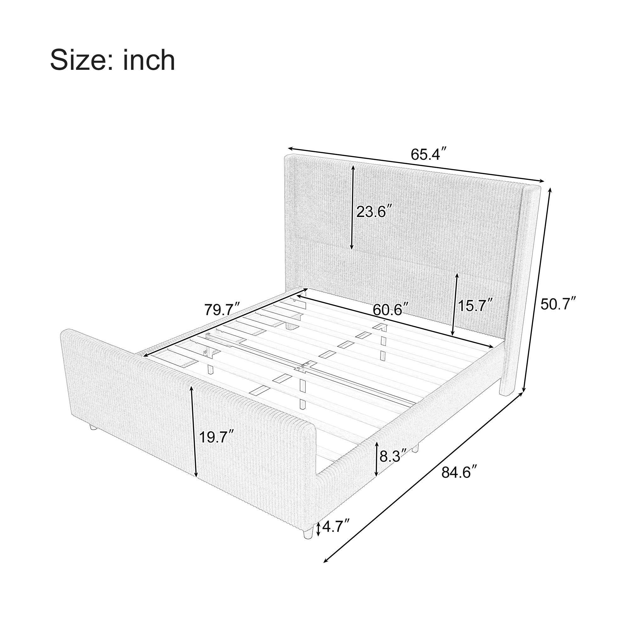 Modern Queen Size Cream Corduroy Upholstered Platform Bed Frame With High Headboard