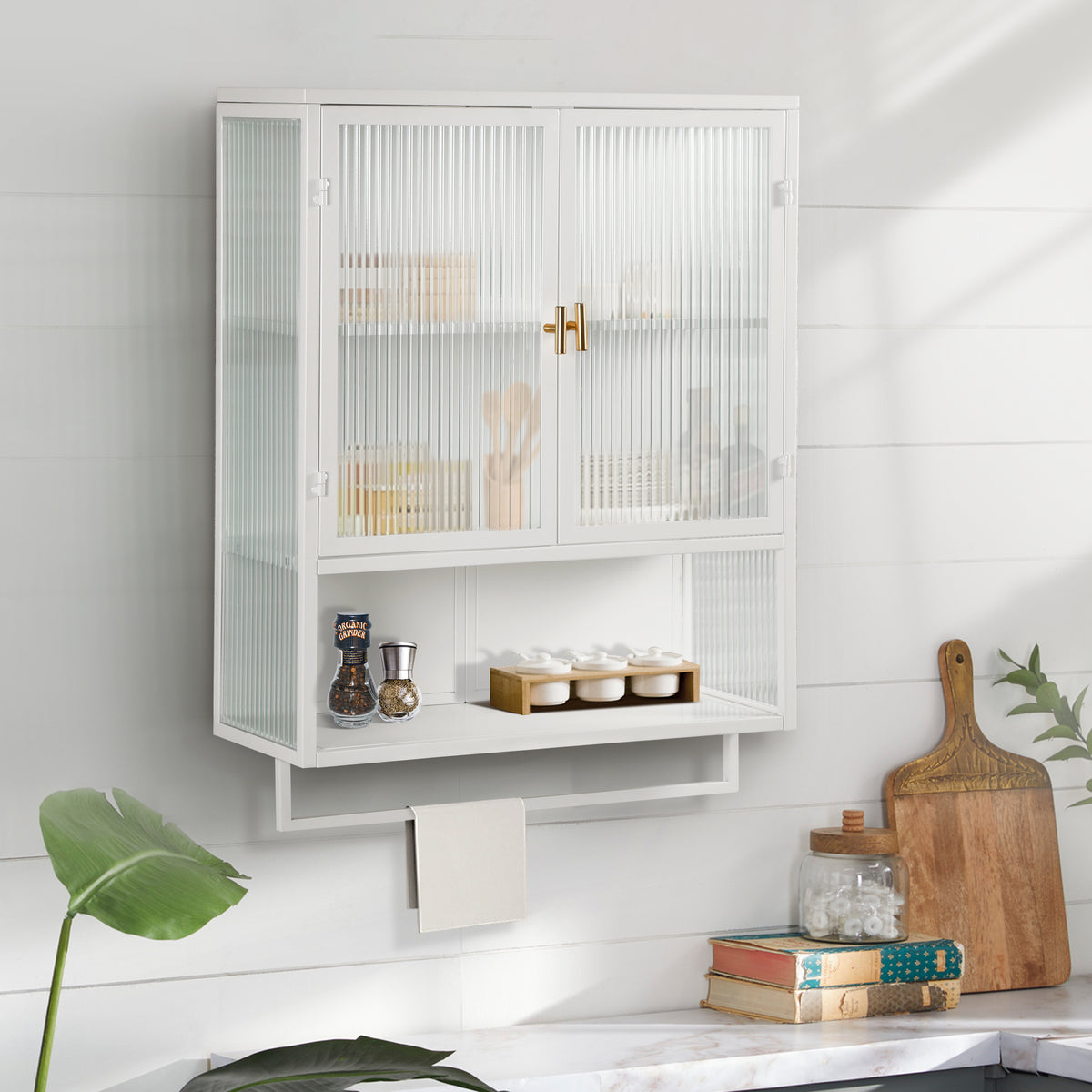 Modern Two-Door Glass Doors Wall Cabinet with Open Shelf and Towel Rack in White