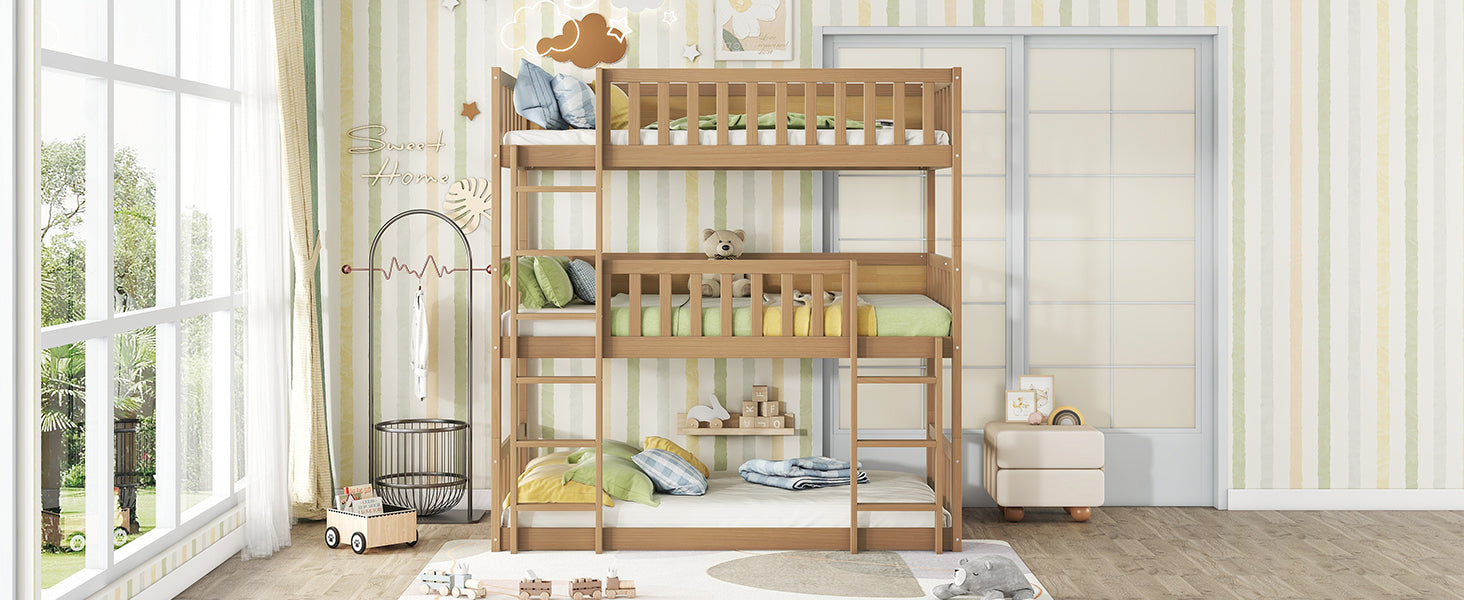 Twin Size Triple Rubber Wood Detachable Bunk Bed in White Oak