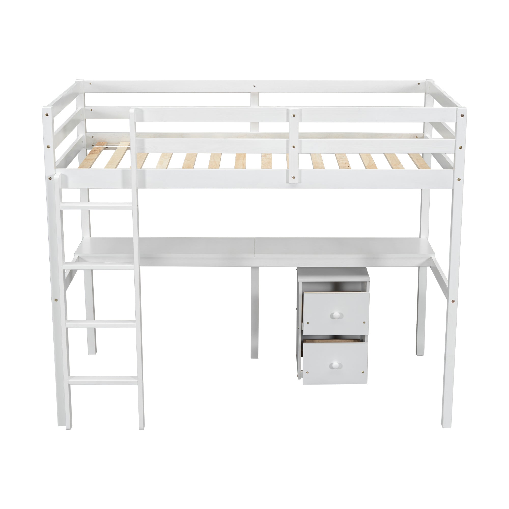 White Twin Loft Bed with Built-in Desk, Storage Cabinet, Guardrails & Ladder