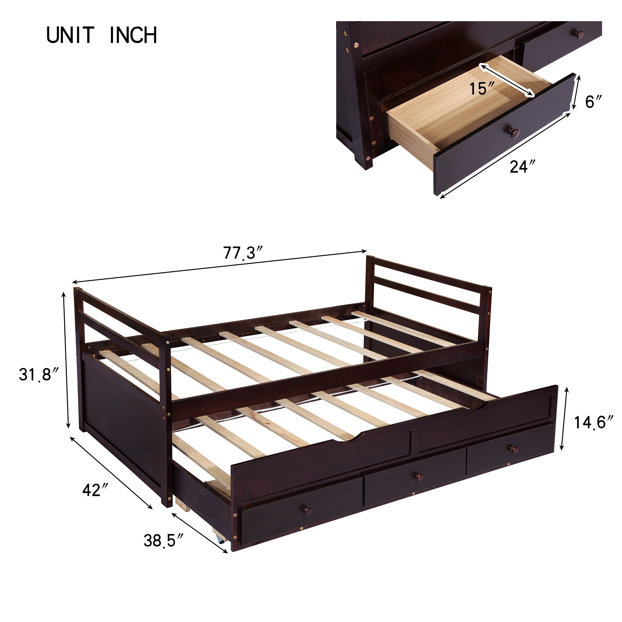 Espresso Pine Twin Size Bed with Headboard, Footboard, Trundle, and Three Storage Drawers