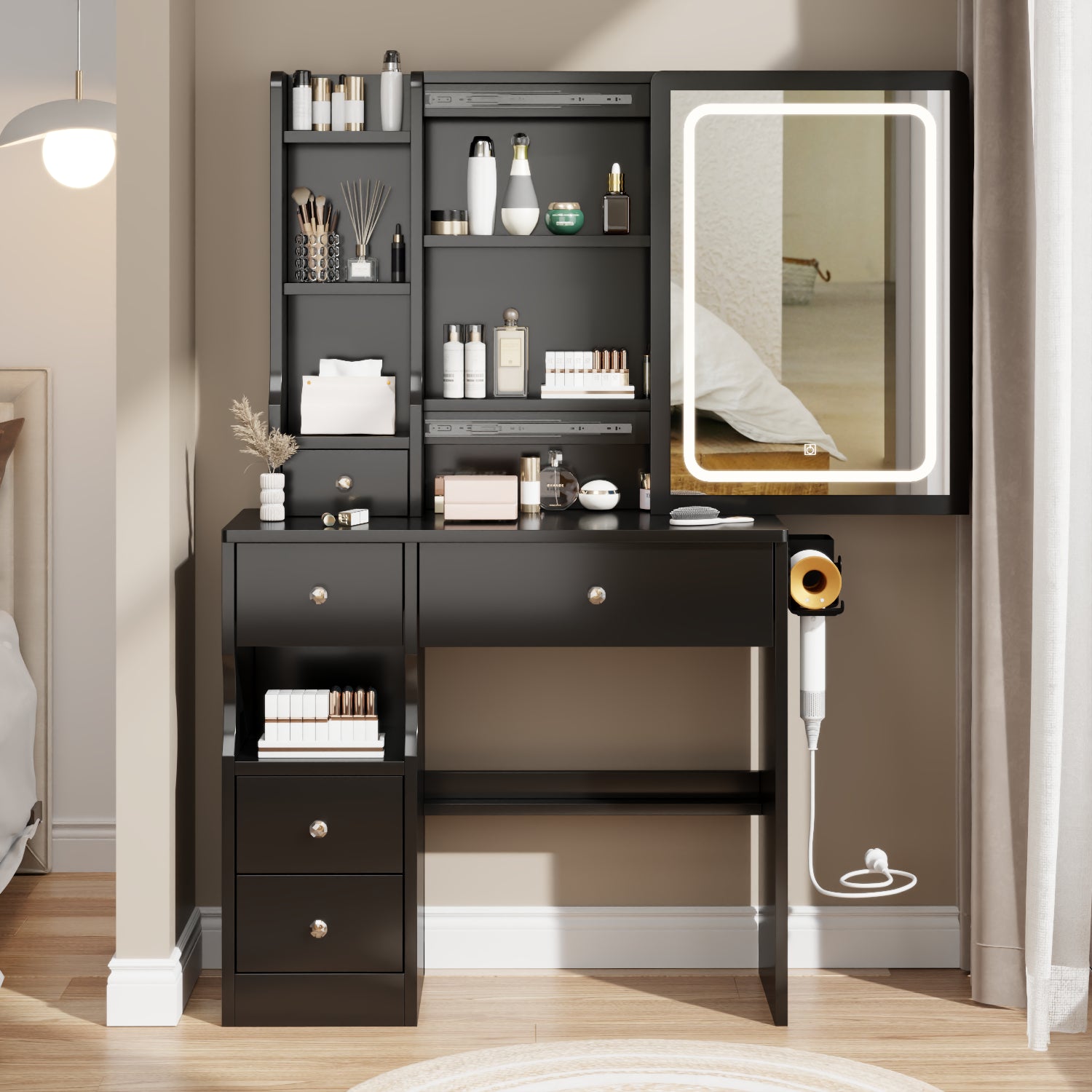 Small Space Left Drawer Desktop Vanity Table With Cushioned Stool And Extra Large Touch Control Sliding LED Mirror In Black