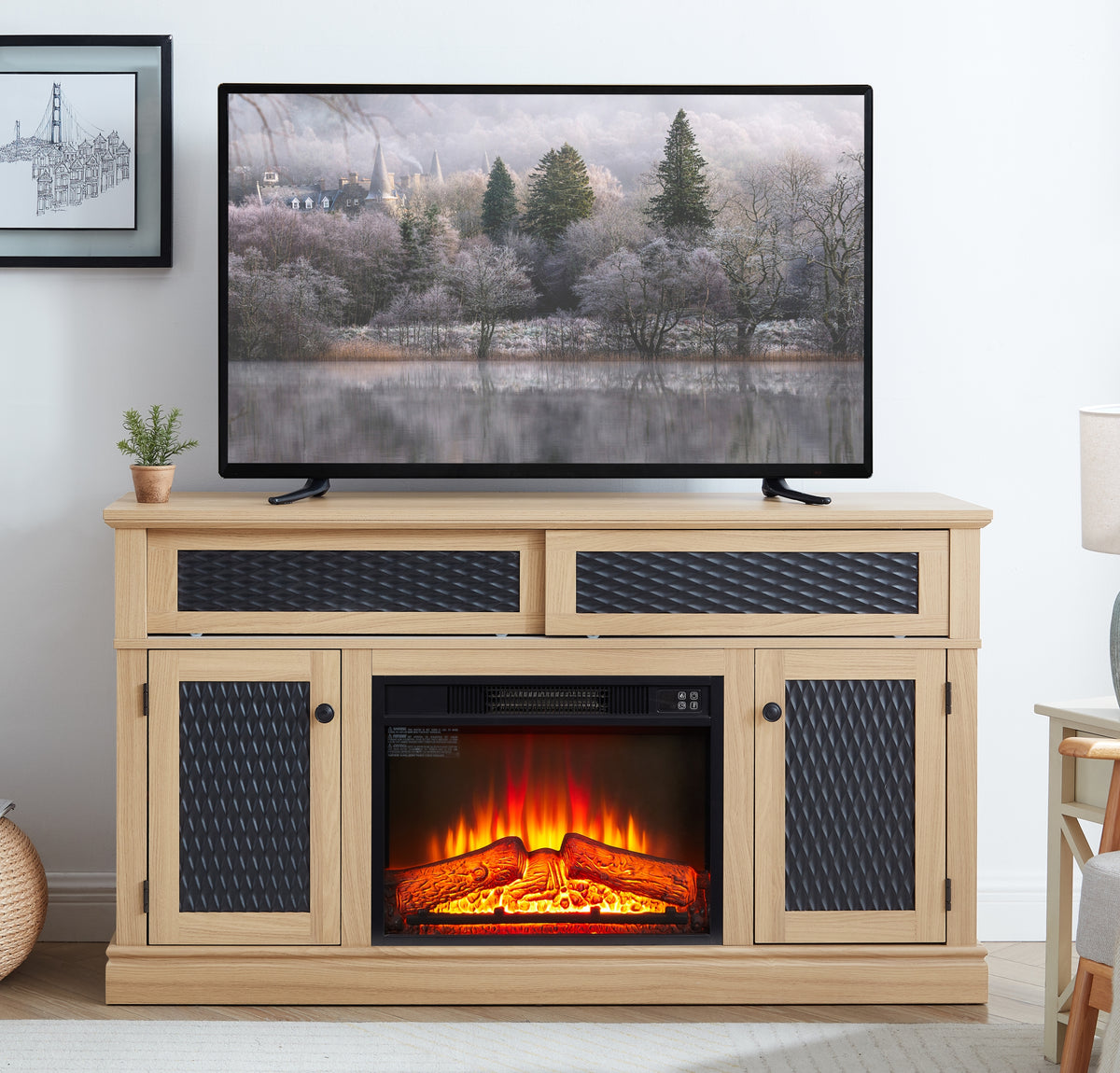 Embossed Pattern TV Stand with 23-inch Fireplace Insert and Ample Storage In Light Oak