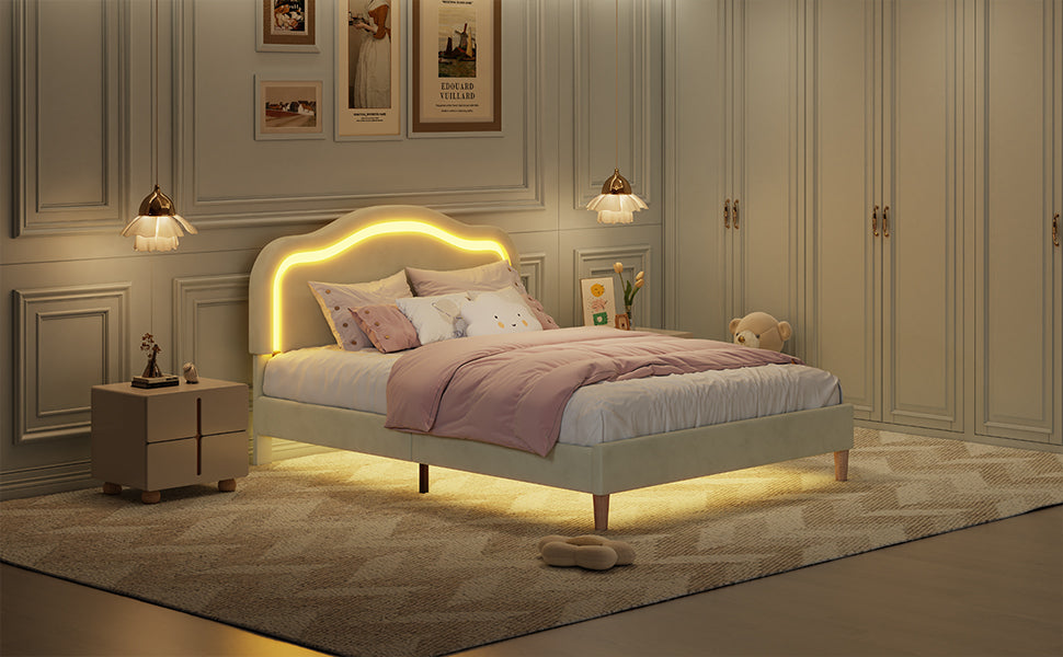 Twin Bed Frame with Adjustable LED Lights and Beige Velvet Upholstery