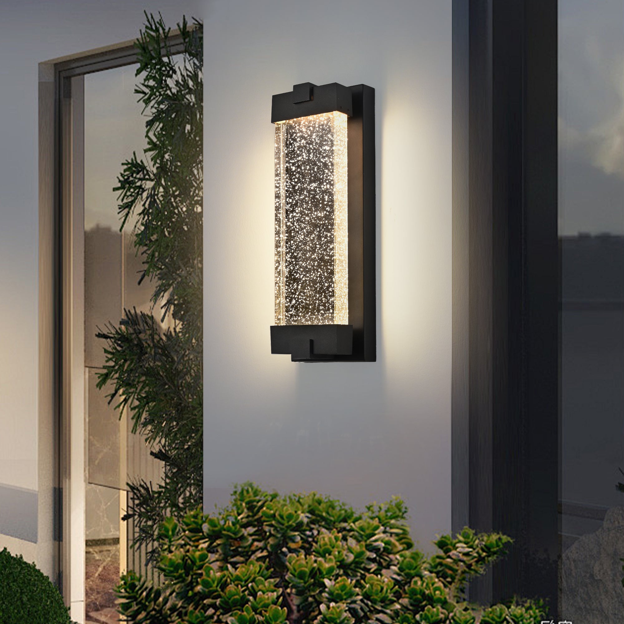 Black Aluminum Finish Outdoor Wall Light with Bubble Crystal Glass