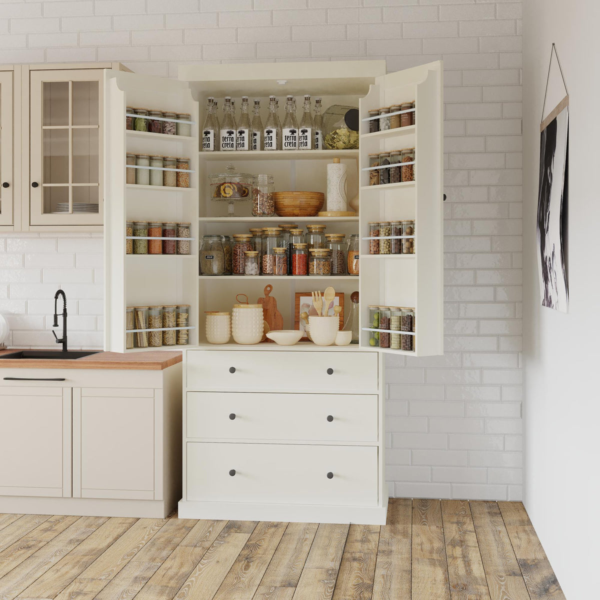 Spacious 77inch Farmhouse Kitchen Pantry with 3 Adjustable Shelves, 8 Door Shelves, 3 Drawers for Storage In Cream