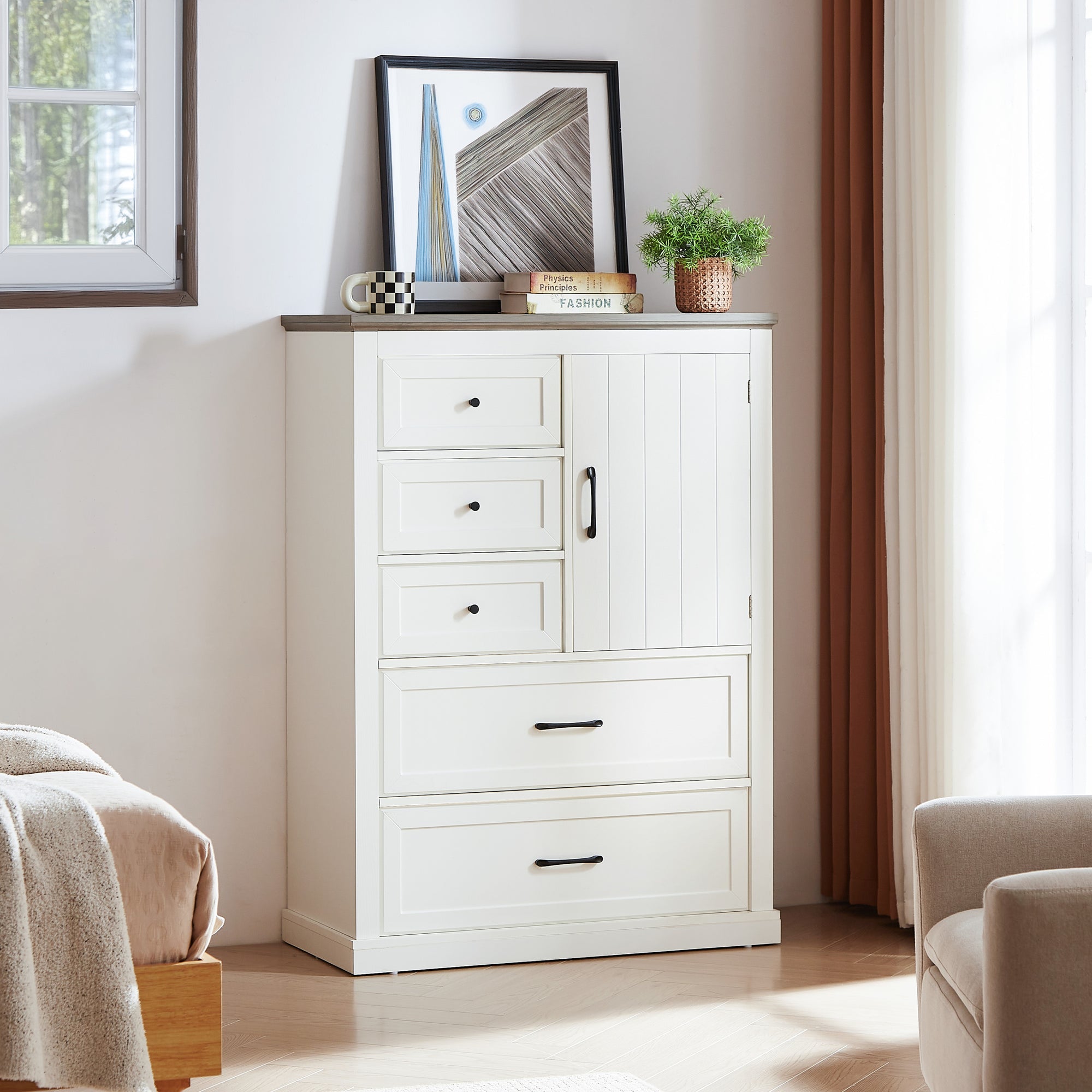 Farmhouse 5 Drawer Dresser Organizer for Bedroom Storage In White