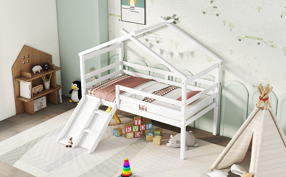 White Twin Low Loft House Bed with Slide and Ladder