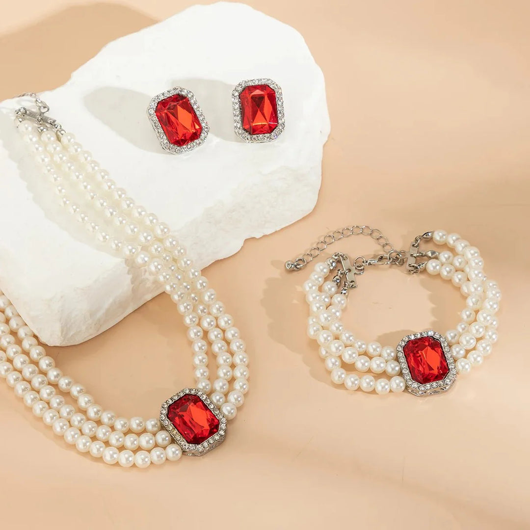 Elegant Pearl Diamond Necklace, Bracelet, and Earring Set