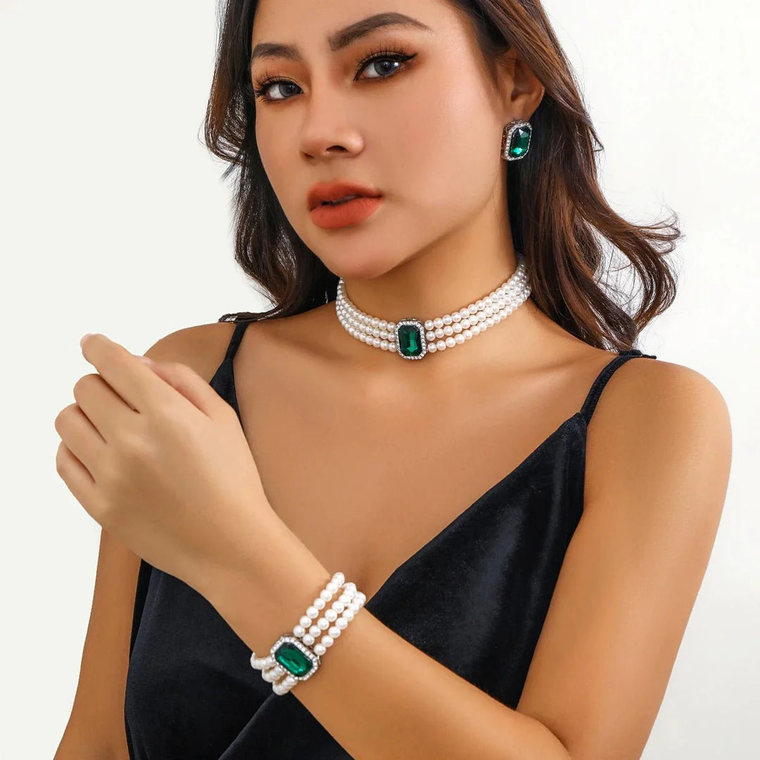 Elegant Pearl Diamond Necklace, Bracelet, and Earring Set