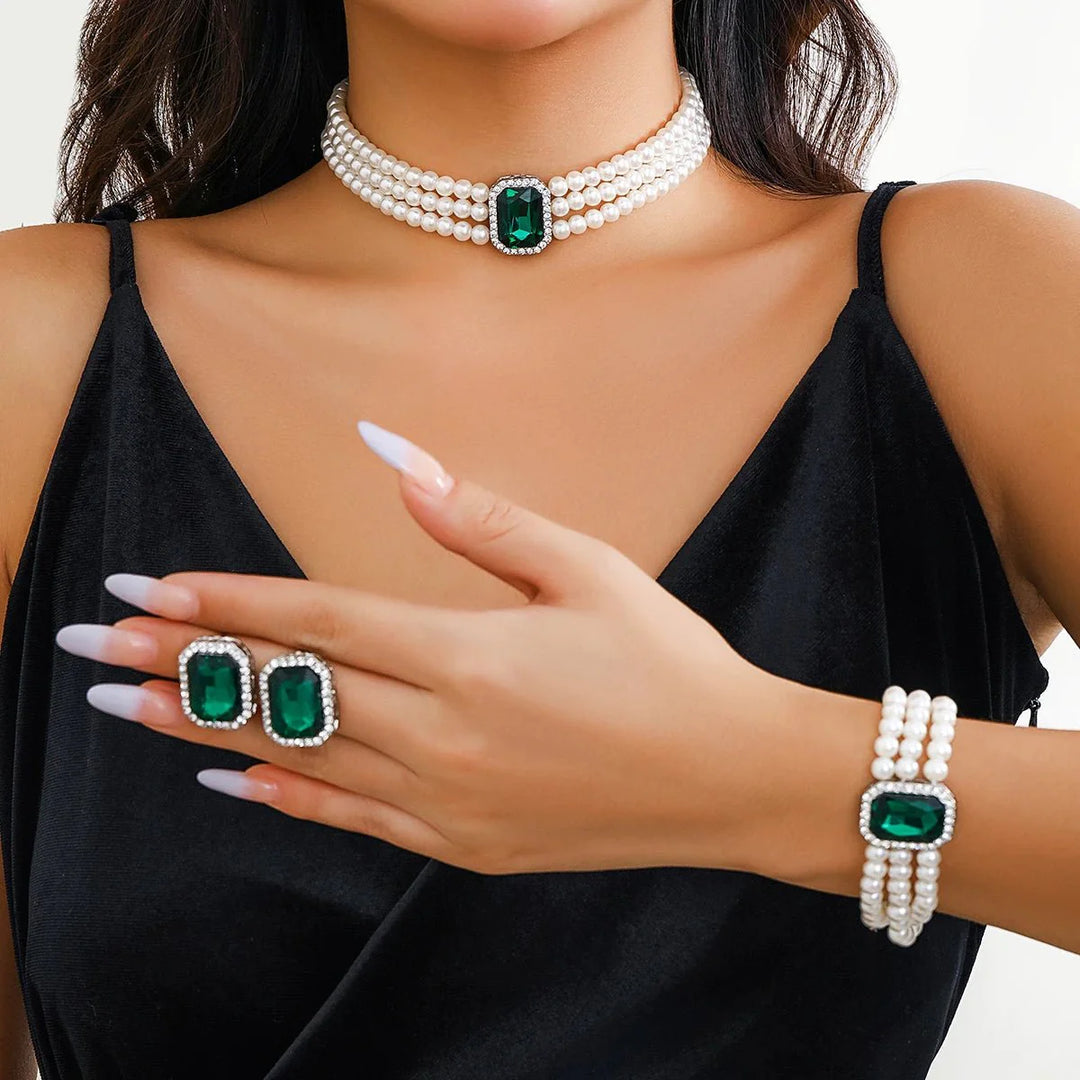 Elegant Pearl Diamond Necklace, Bracelet, and Earring Set