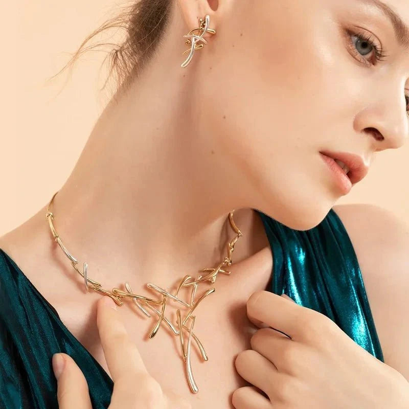 Elegant Two Tone Branch Cross Necklace and Earring Set