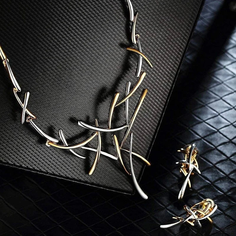 Elegant Two Tone Branch Cross Necklace and Earring Set