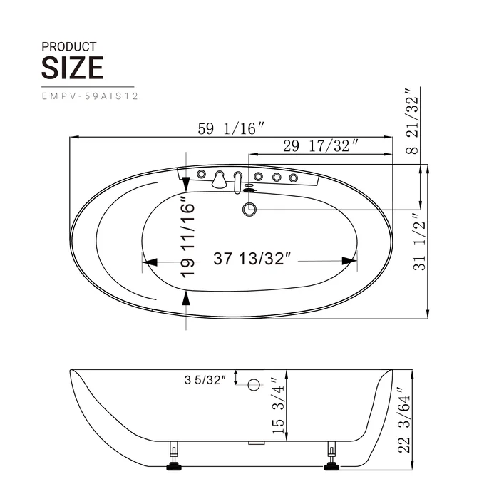 EMPAVA Freestanding Massage Bathtub Empava 59 in. Whirlpool Freestanding Acrylic Bathtub - EMPV-59AIS12