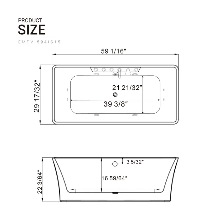 EMPAVA Freestanding Massage Bathtub Empava 59 in. Whirlpool Freestanding Acrylic Bathtub - EMPV-59AIS15