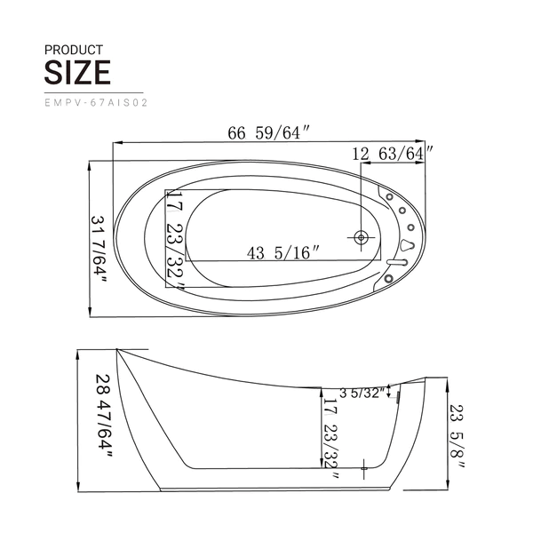 EMPAVA Freestanding Massage Bathtub Empava 67 in. Whirlpool Freestanding Acrylic Bathtub - EMPV-67AIS02