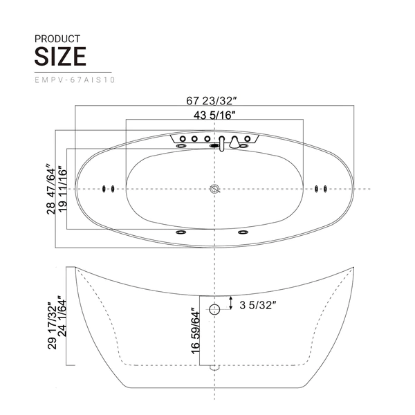 EMPAVA Freestanding Massage Bathtub Empava 67 in. Whirlpool Freestanding Acrylic Bathtub - EMPV-67AIS10