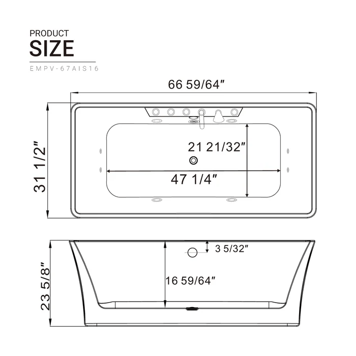 EMPAVA Freestanding Massage Bathtub Empava 67 in. Whirlpool Freestanding Acrylic Bathtub - EMPV-67AIS16