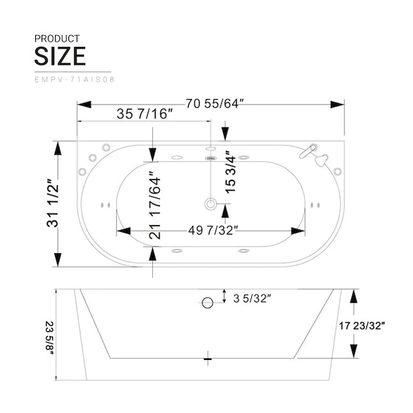 EMPAVA Freestanding Massage Bathtub Empava 71 in. Whirlpool Acrylic Alcove Bathtub - EMPV-71AIS08