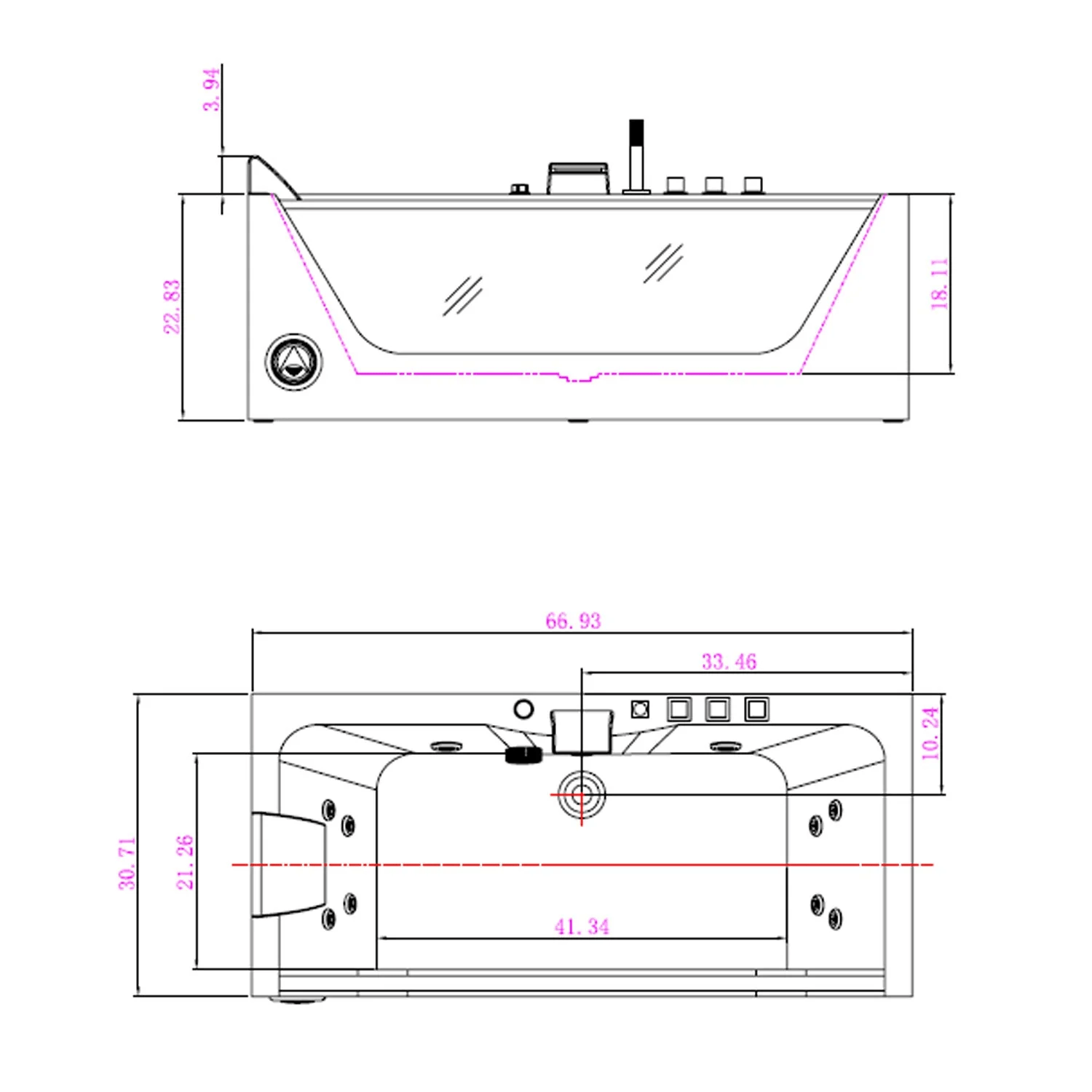 EMPAVA Massage Bathtub Empava 67 in. Whirlpool Rectangular Bathtub - EMPV-67JT408LED