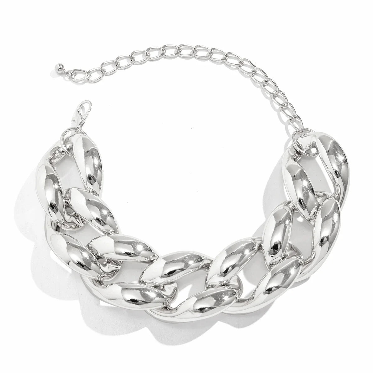 Exaggerated Chunky Cuban Link Choker Necklace silver chunky Cuban link chain displayed on a white background.