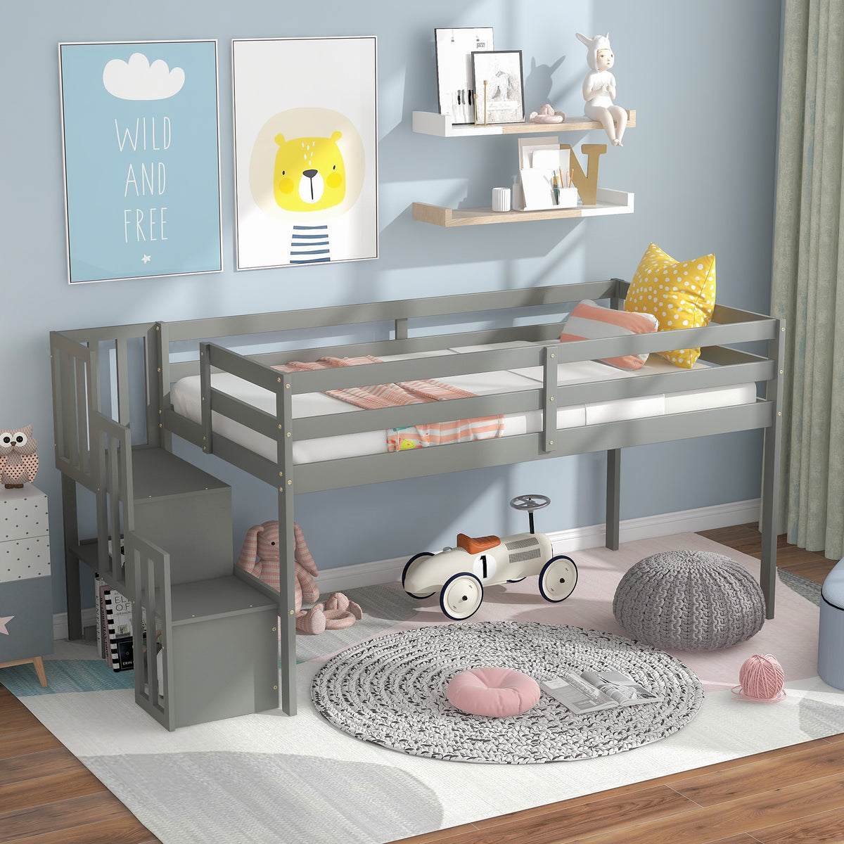 Gray Twin Loft Bed with Staircase and Storage