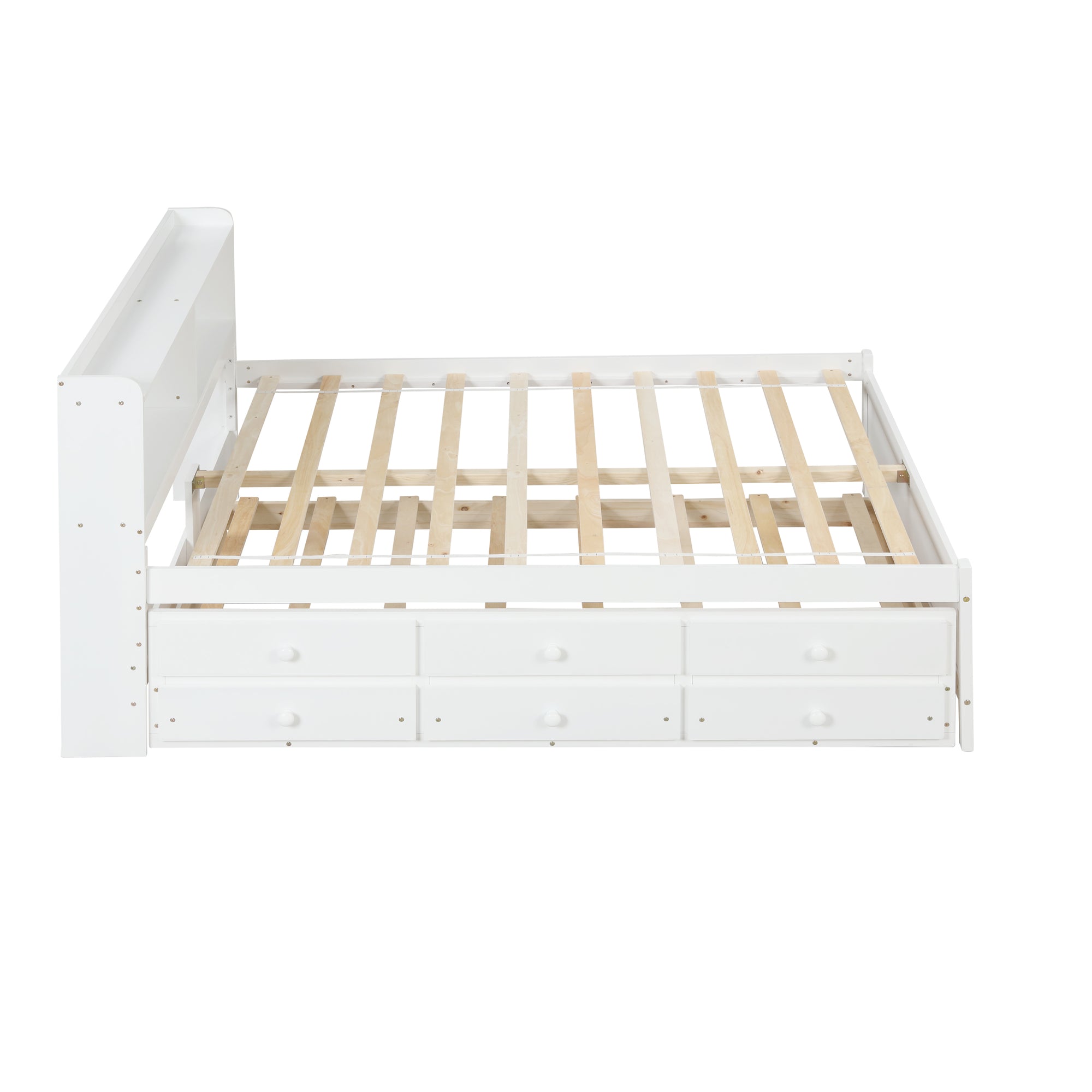 White Full Bed with Bookcase, Twin Trundle, and Drawers