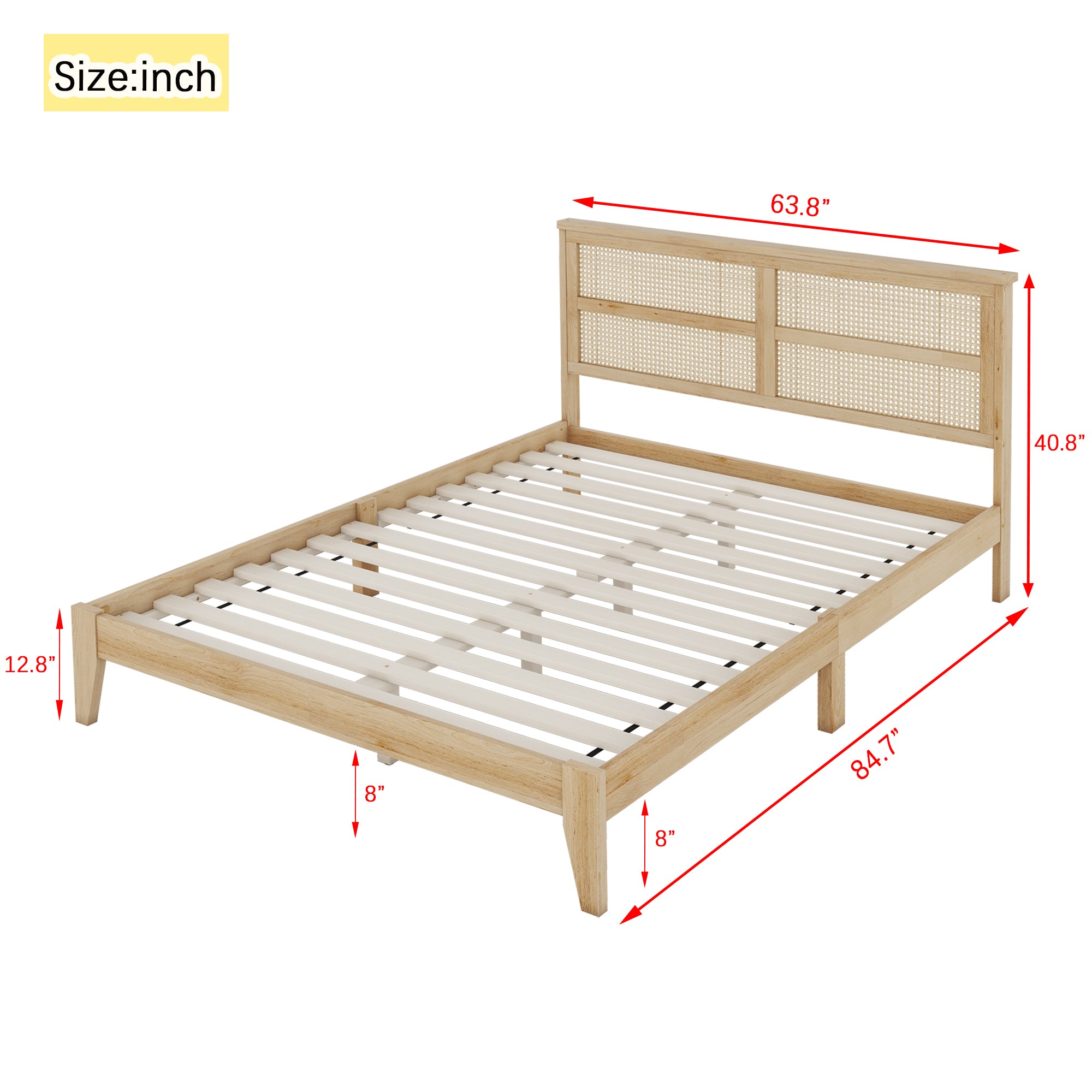 Premium Rubber Wood Queen Size Bed with Rattan Headboard