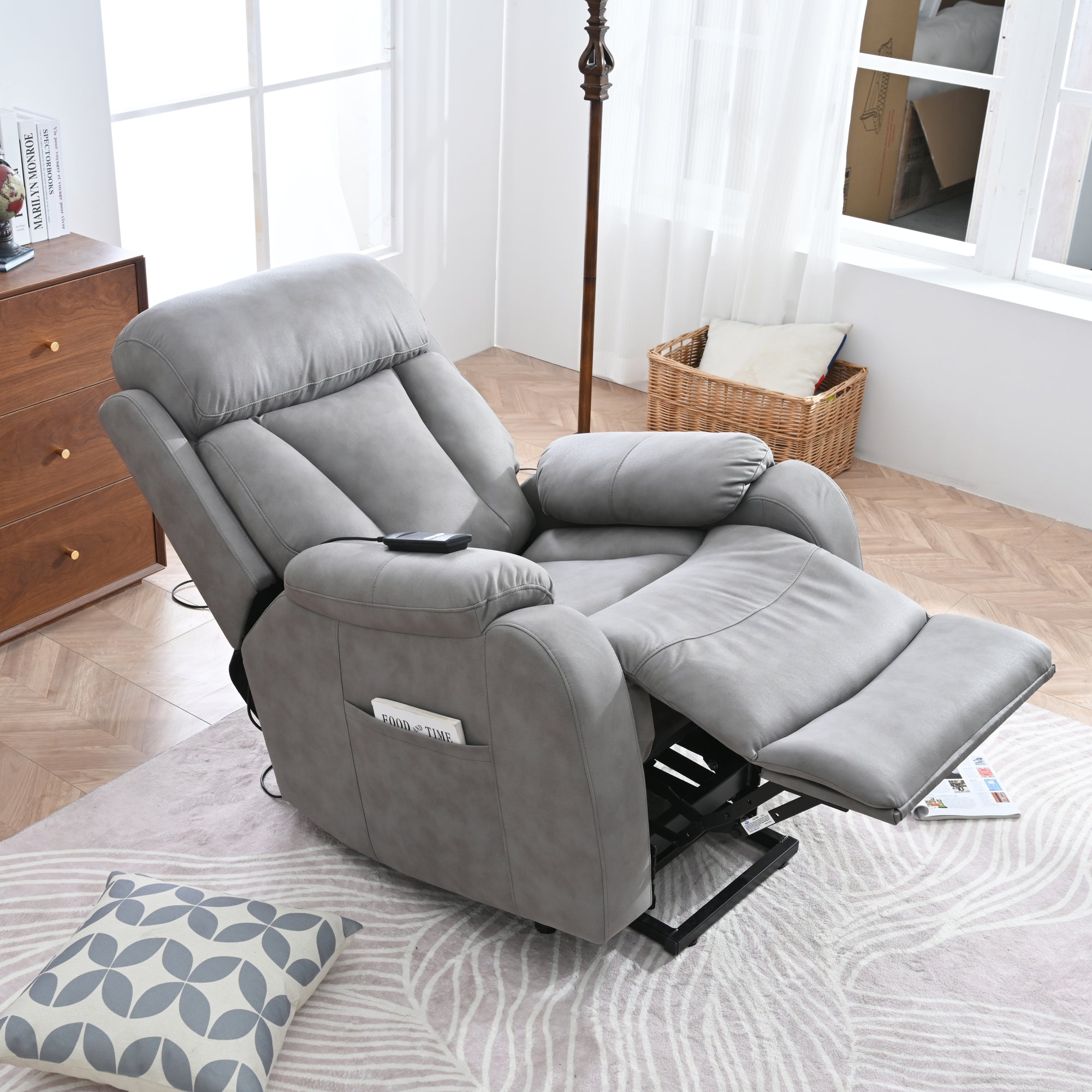 Electric Power Lift Recliner Chair for Seniors - Light Gray Fabric, Remote Control, Side Pocket, Ideal for Elderly Comfort