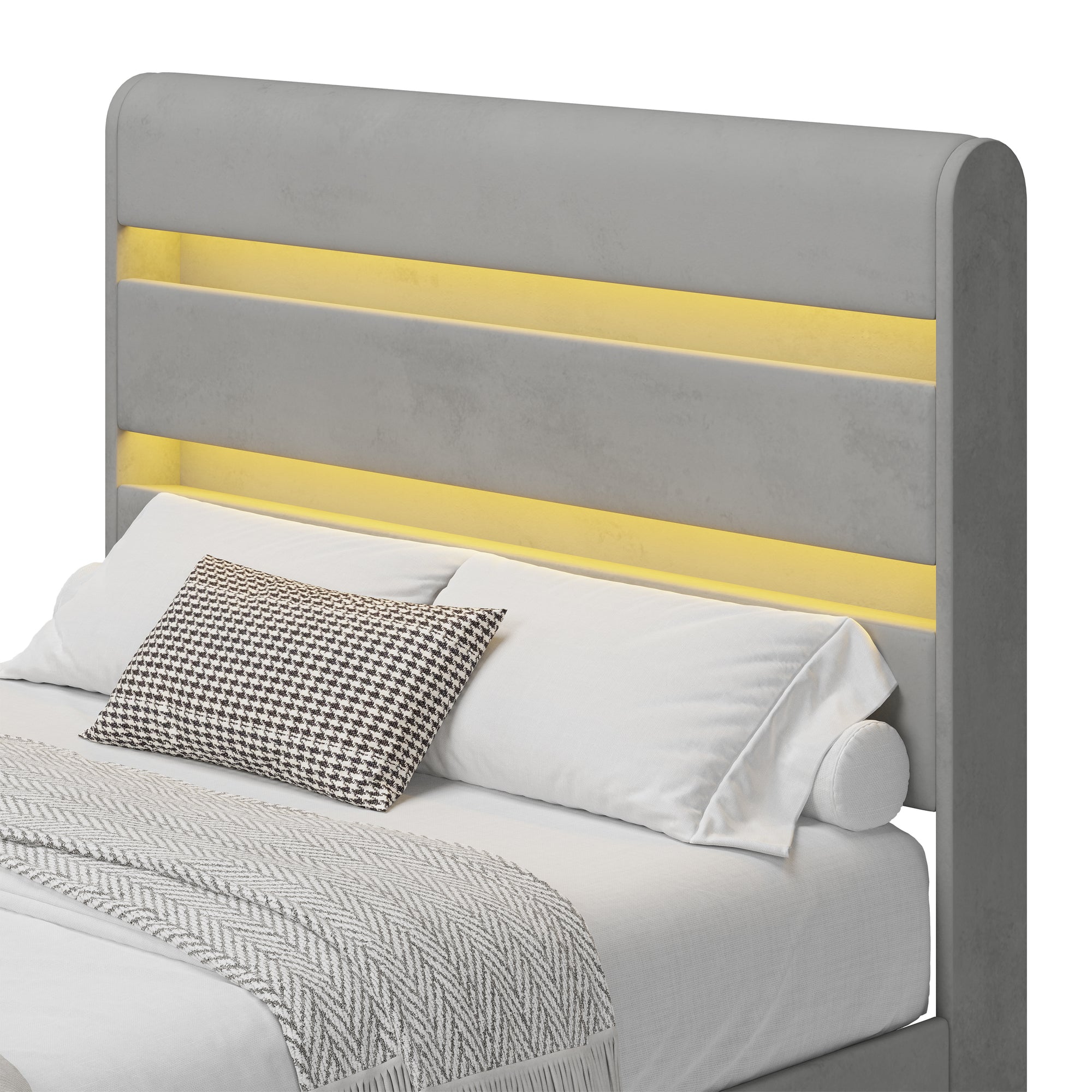 Gray Velvet Queen Hydraulic Storage Bed with LED Lights