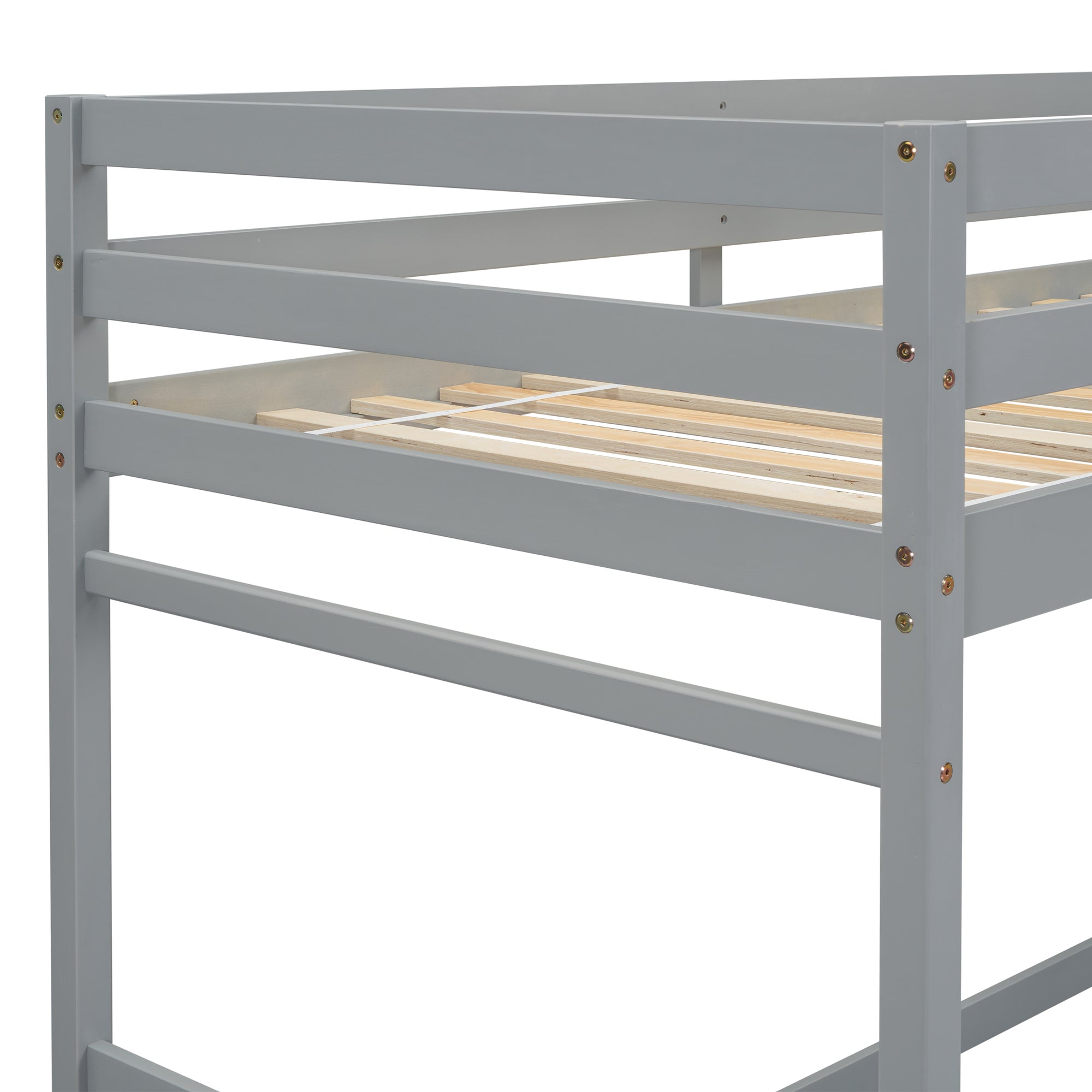 Gray Twin High Loft Bed with Ladder Landing Platform and Guardrails