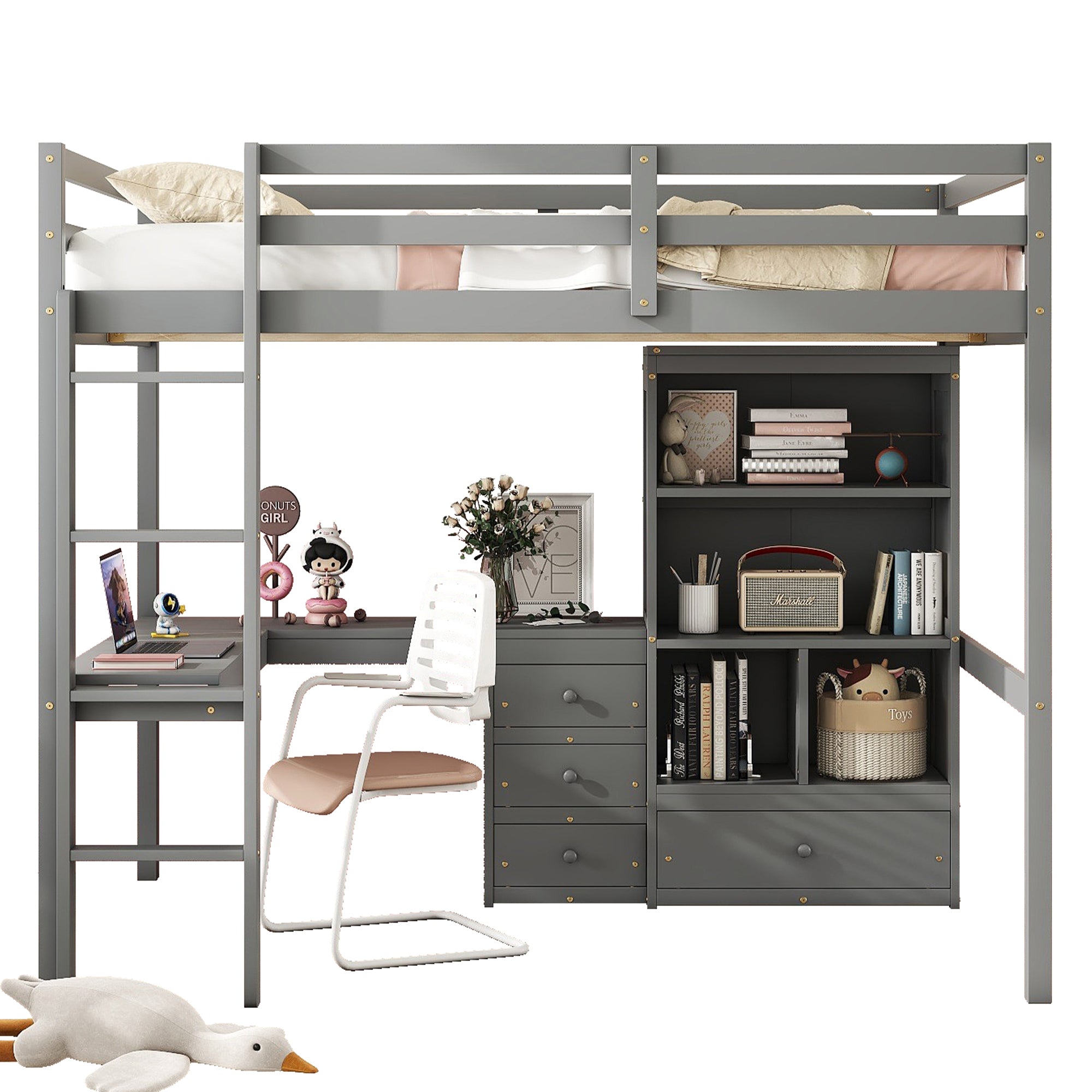 Gray Full Size High Loft Bed with Desk, Storage Shelves, and Drawers