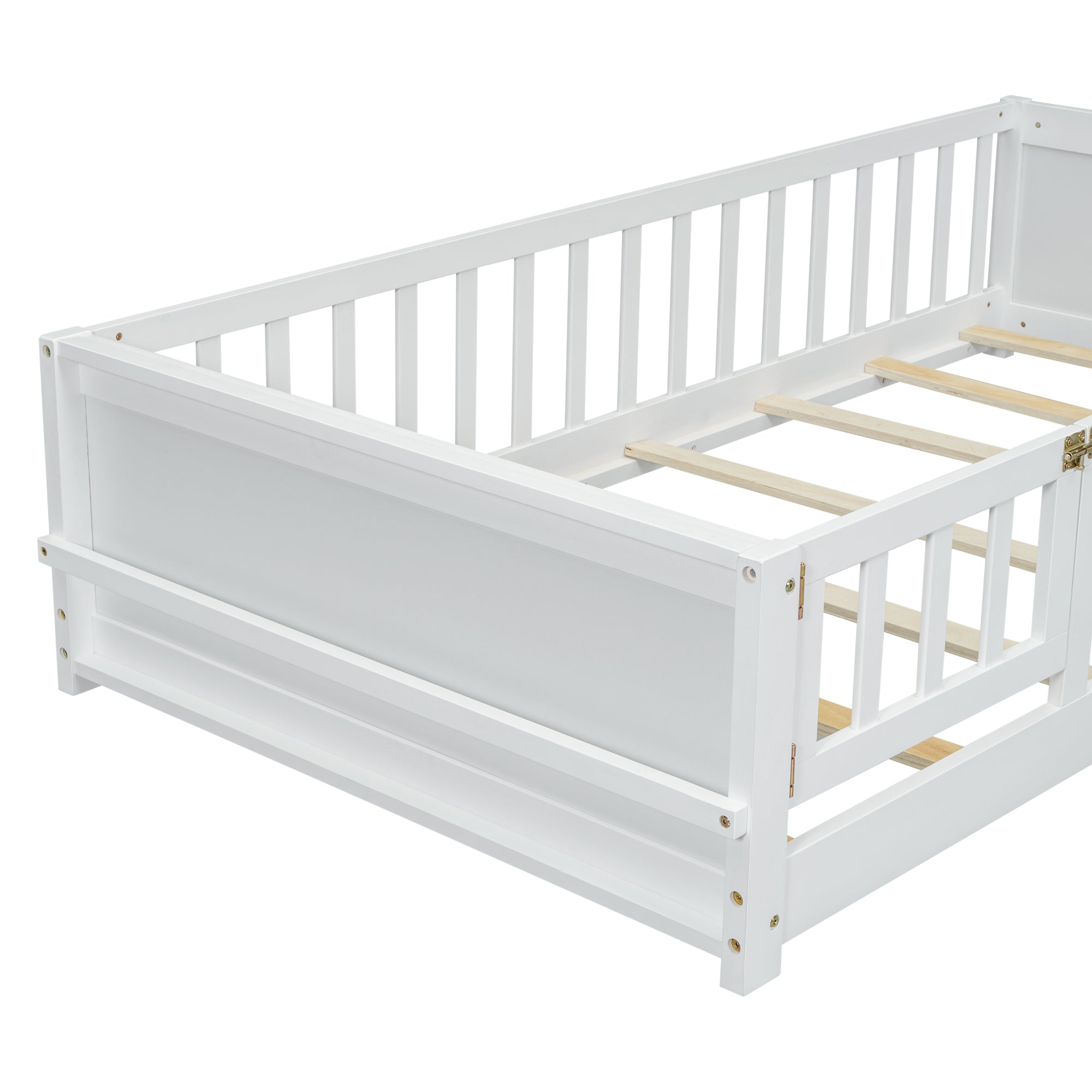 White Twin Toddler Floor Platform Bed with Built-in Book Storage Rack and Door