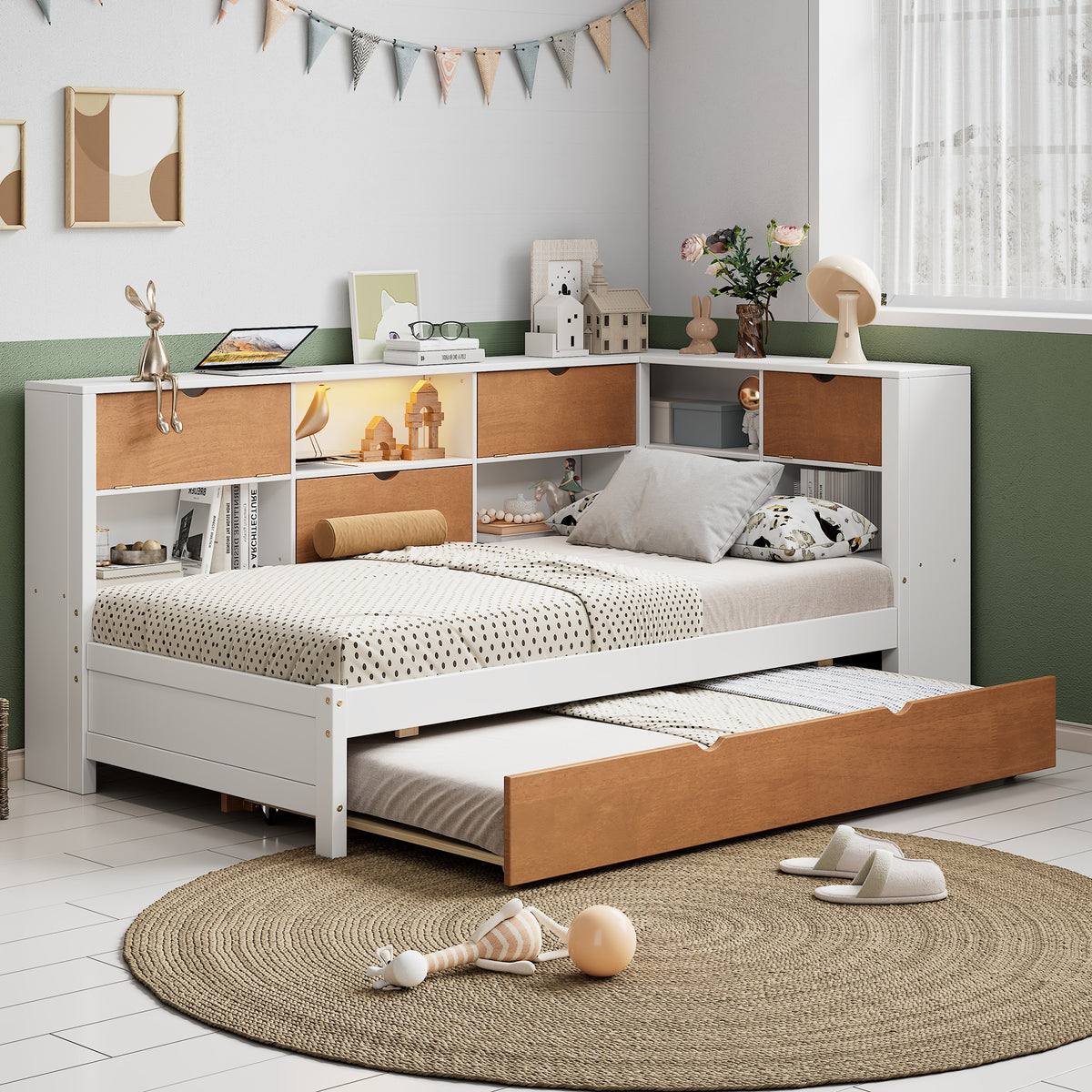 White &amp; Walnut Twin Daybed with L-Shaped Bookcases, Trundle, and LED Downlight