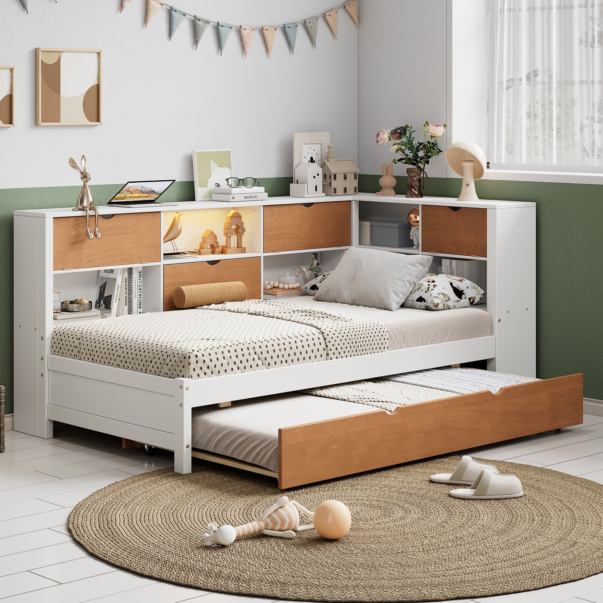 White & Walnut Twin Daybed with L-Shaped Bookcases, Trundle, and LED Downlight