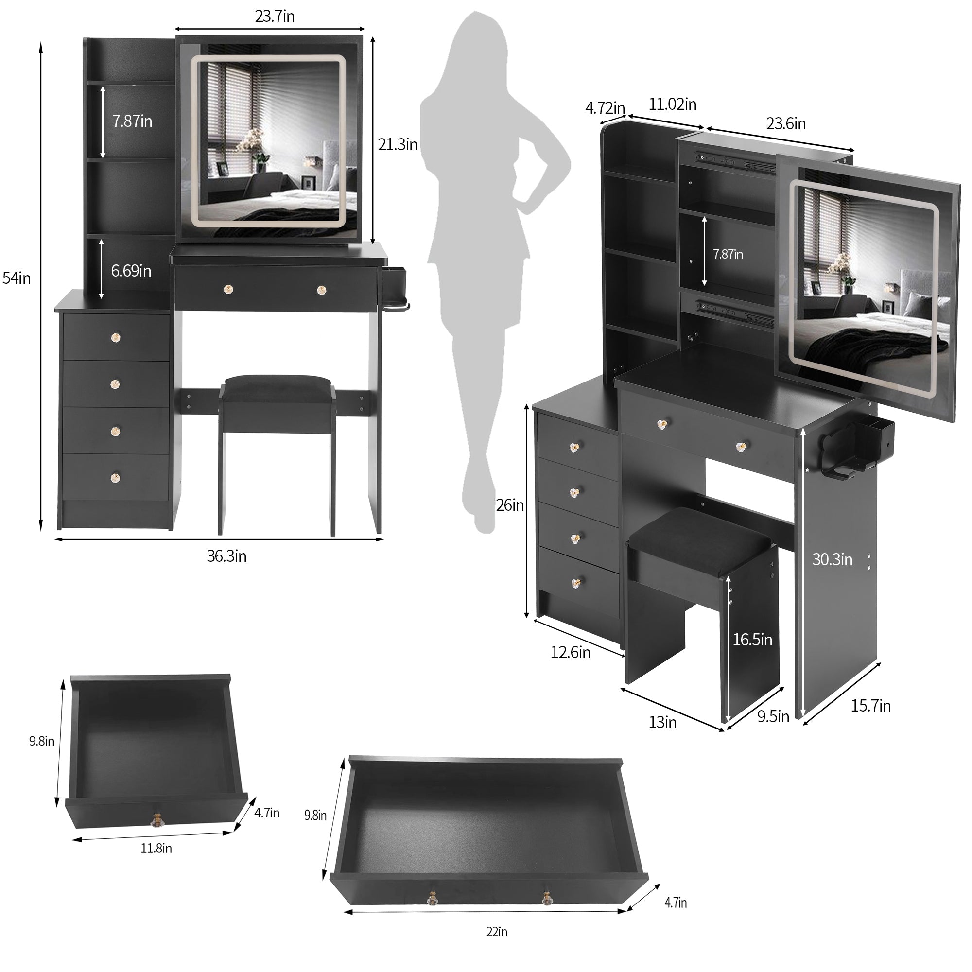 37 Inch Left Bedside Cabinet Vanity Table Set With Cushioned Stool 2 AC Outlets 2 USB Ports Touch Control LED Mirror In Black