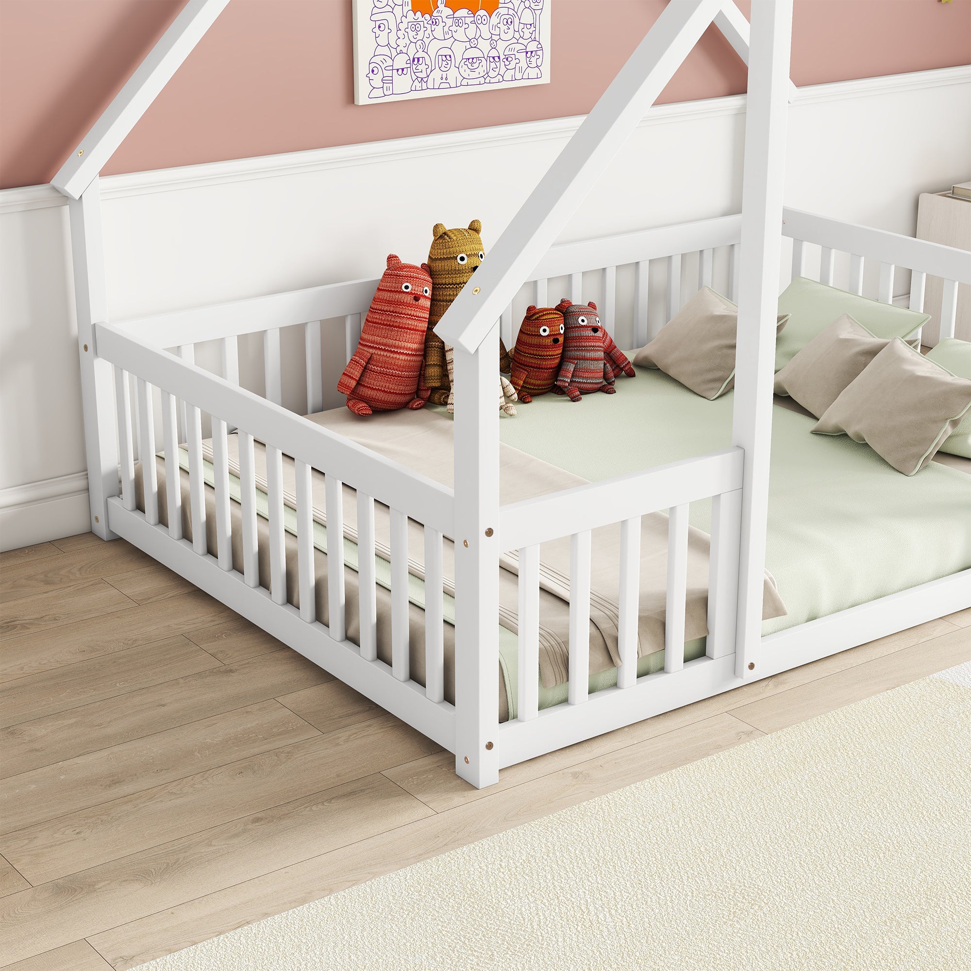 White Full Wood House-Shaped Toddler Floor Bed with Fence and Guardrails