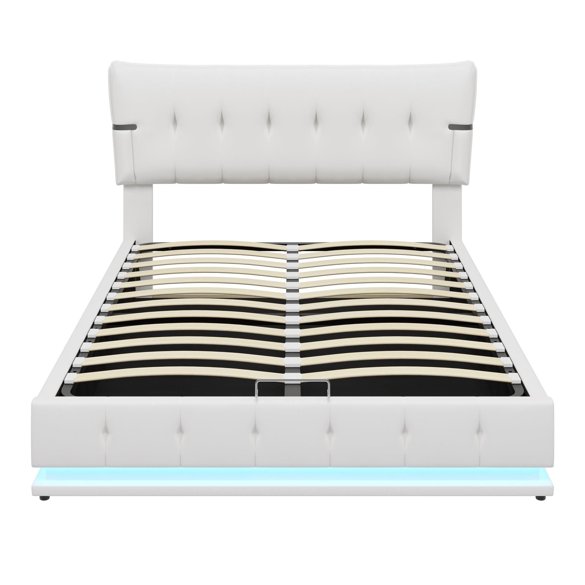 Upholstered Platform Queen Size Lift Up Storage Bed with LED Lighting in White