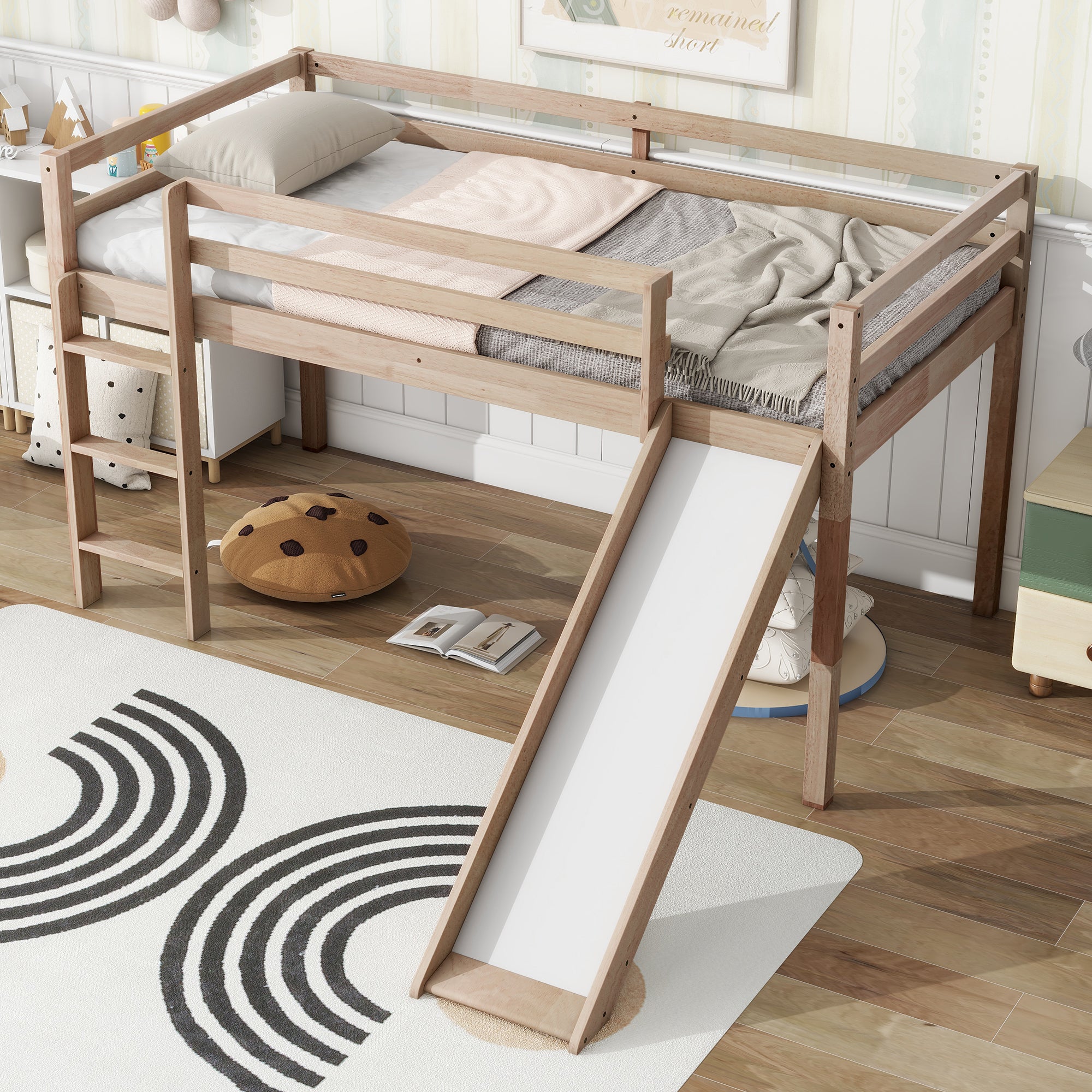 White Oak Twin Low Loft Bed For Kids with Slide & Ladder