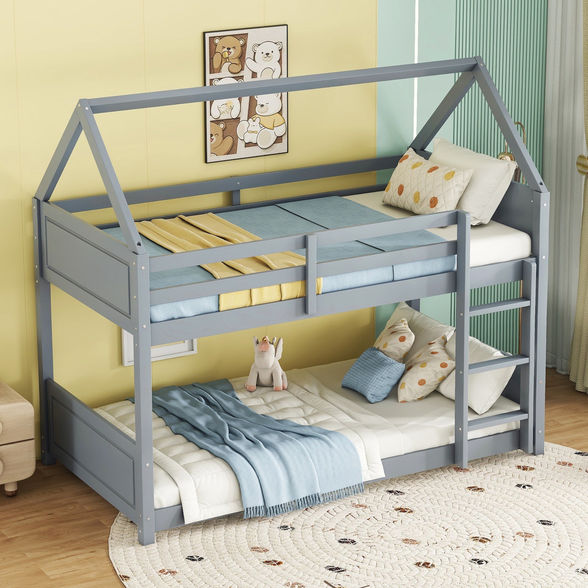 Light Gray Twin Over Twin House Floor Bunk Bed