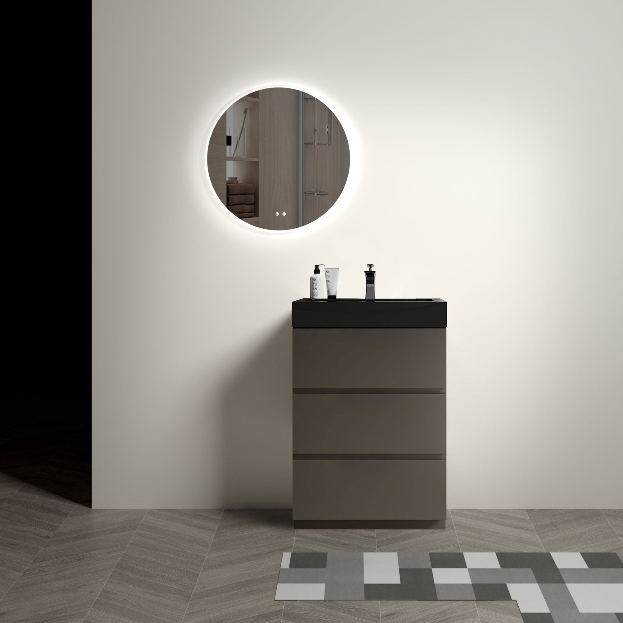 24 Gray Bathroom Vanity with Sink Large Storage Freestanding Design One-Piece Black Basin Pre-assembled In Gray