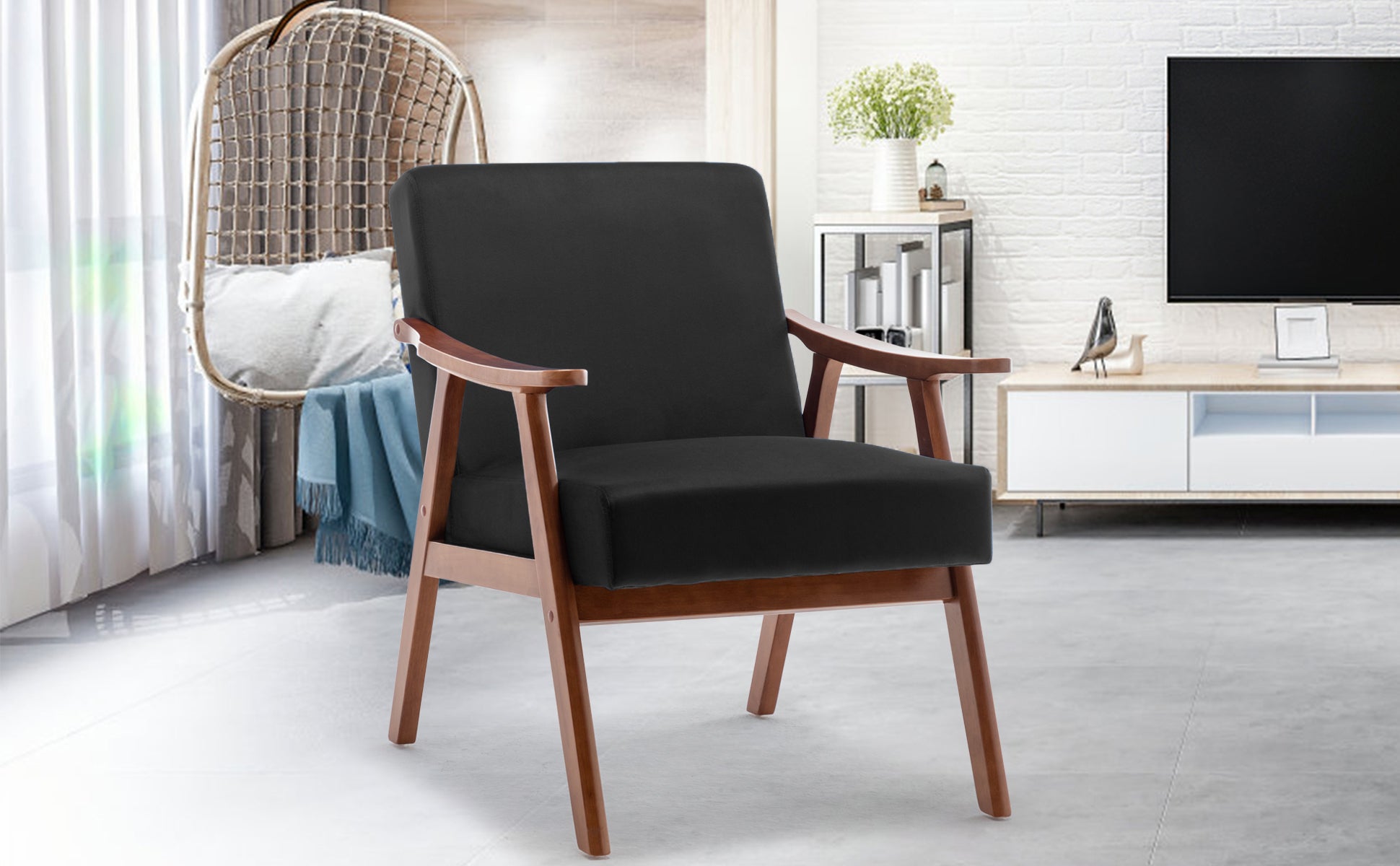 Mid-Century Modern Accent Chair - Solid Wood Frame, Extra-Thick Backrest, Ideal for Living Room, Bedroom, or Reading Room