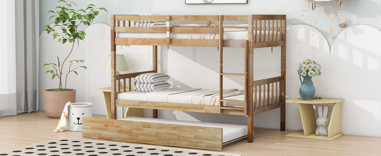 Twin Over Twin Rubberwood Bunk Bed with Trundle, Convertible Design in Natural Tones