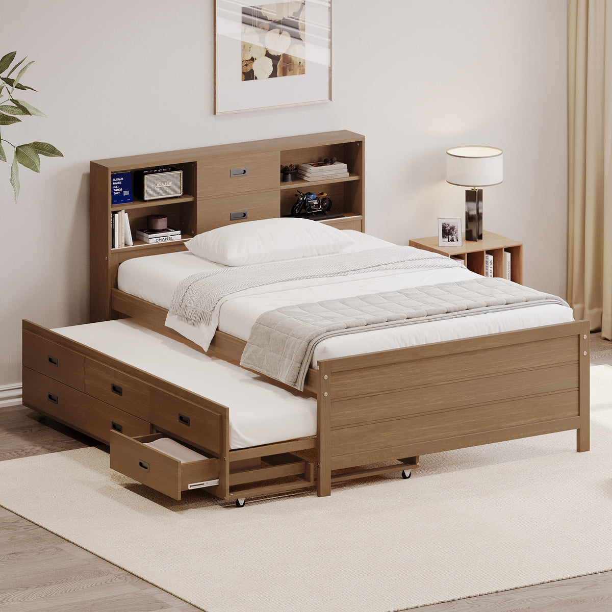 Walnut Twin Wooden Bed with Trundle, Drawers &amp; Storage Headboard